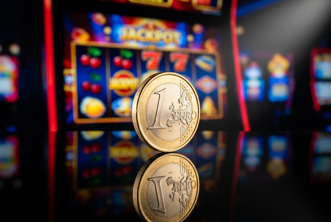 A one-euro coin standing on a mirror with casino lights in the background.