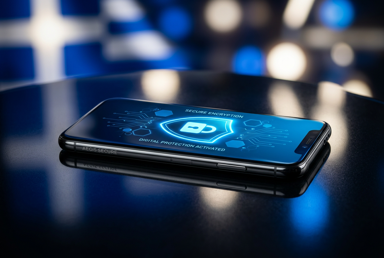 A digital security shield icon glowing on a smartphone screen representing safe gambling.