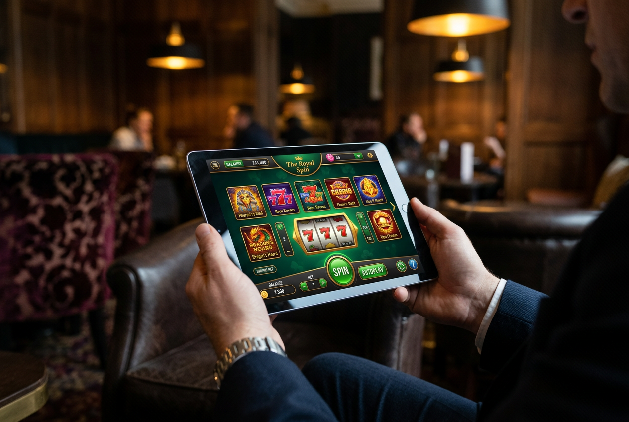 A high-end tablet displaying a colorful online casino interface with slots and card games in a luxury setting.