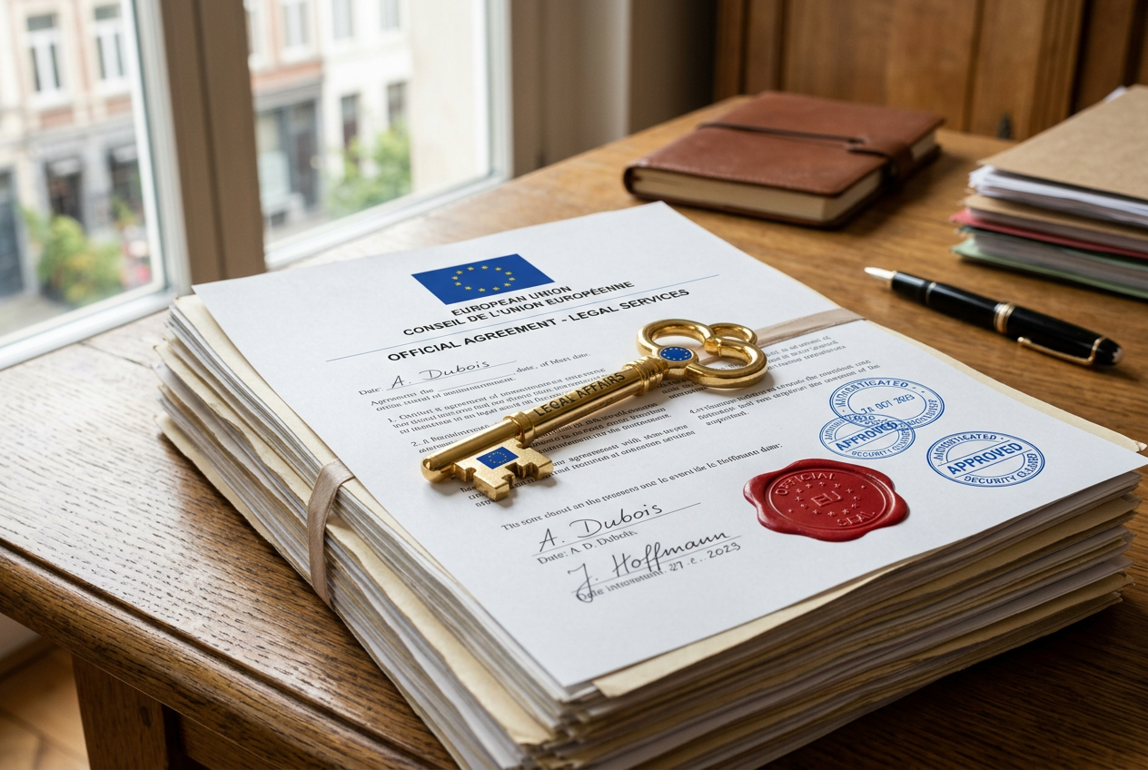 Legal documents with European Union emblems and a magnifying glass, representing regulation.