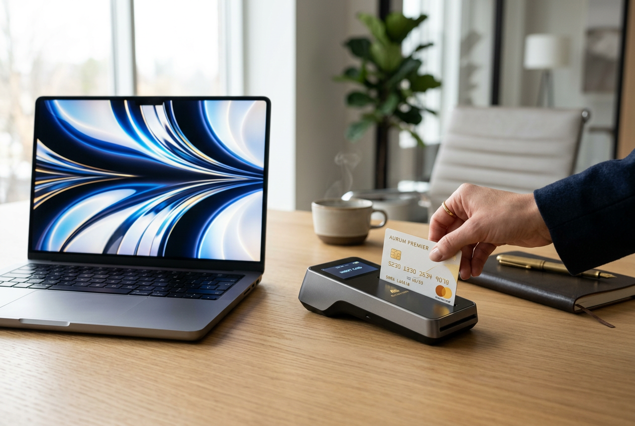 Minimalist luxury banking concept with a credit card and laptop.